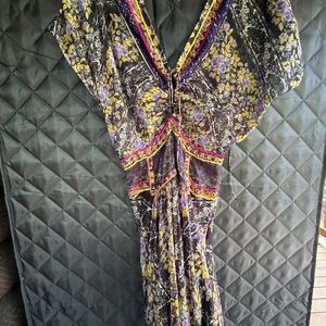 Free People Purple and Yellow Flutter Sleeve Maxi Dress